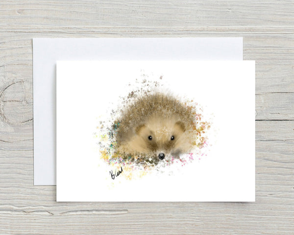 Hand-drawn hedgehog greetings card by rainbowprintshop with colourful splash design on white background