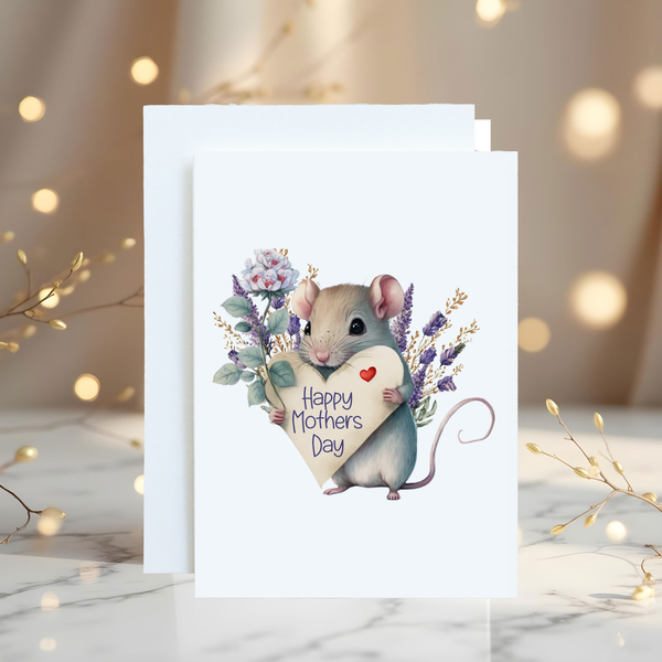 Happy Mother's Day Greetings Card with a Cute Mouse with Heart - Rainbowprint.uk
