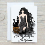Every Day Is Halloween Greetings Card, Personalised, Happy Birthday, Thank You, Get Well, Gothic, Emo, Rock, Black Cat