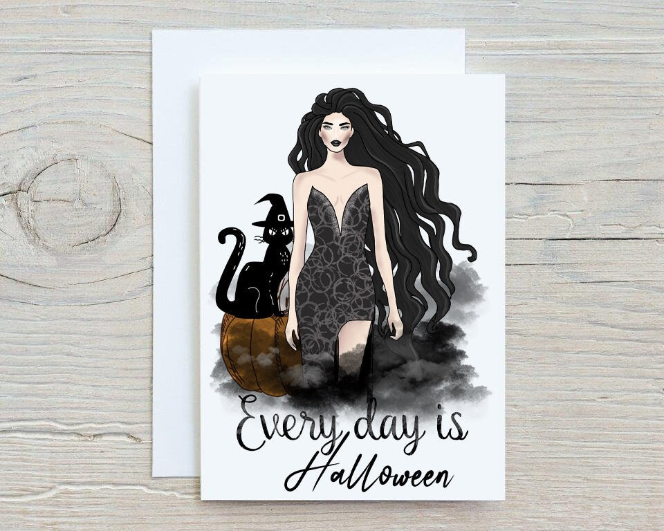 Every Day Is Halloween Greetings Card, Personalised, Happy Birthday, Thank You, Get Well, Gothic, Emo, Rock, Black Cat