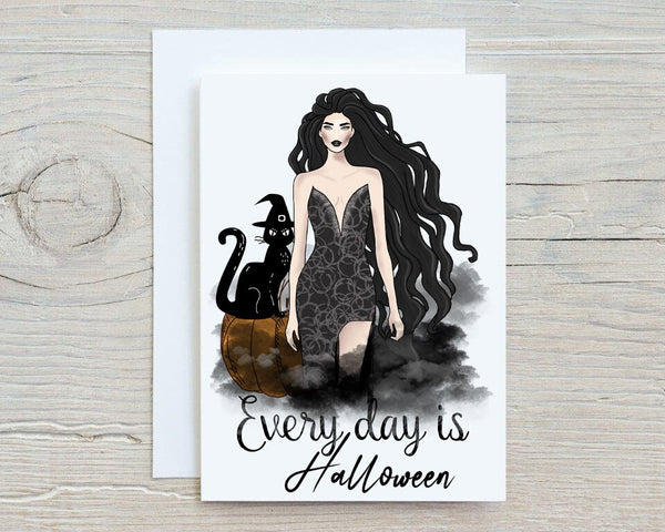 Every Day Is Halloween Greetings Card, Personalised, Happy Birthday, Thank You, Get Well, Gothic, Emo, Rock, Black Cat