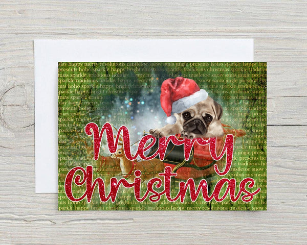 Pug Dog Christmas Personalised Greetings Card, can have any name on the front
