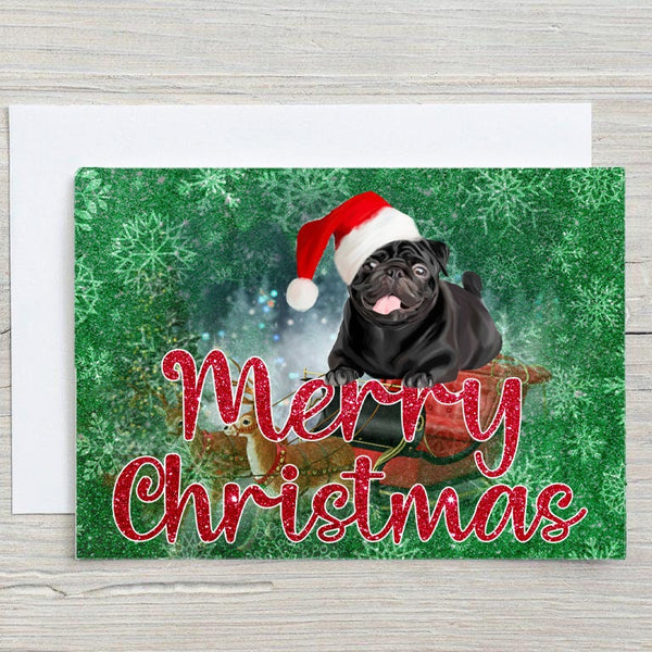 Pug Dog Christmas Personalised Greetings Card, any name on the front