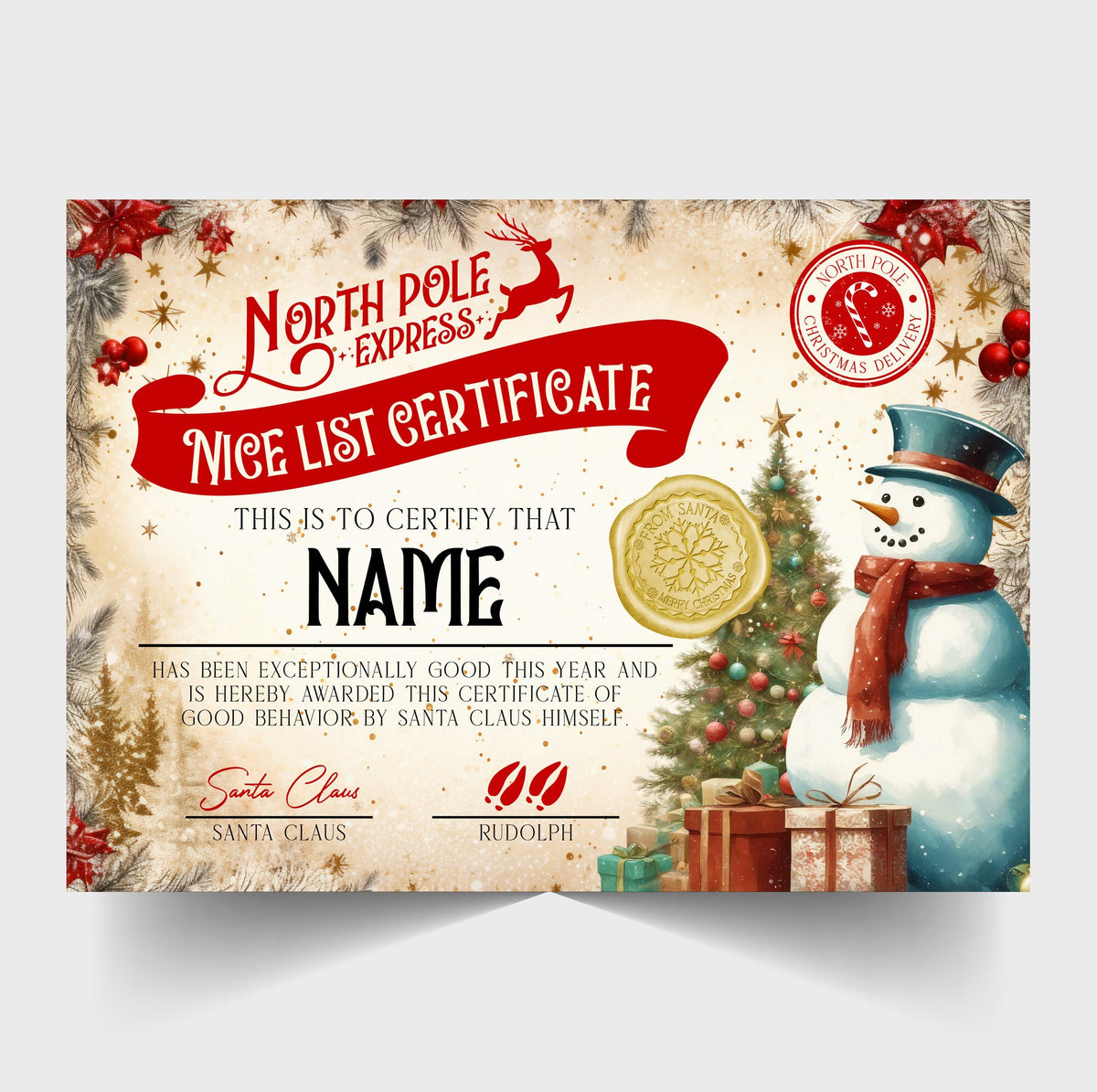 Christmas Nice List Certificate from Santa Claus, Father Christmas - Personalised - choice of designs, Snowman, Penguin, Santa, Bear, etc