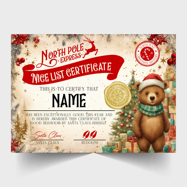 Christmas Nice List Certificate from Santa Claus, Father Christmas - Personalised - choice of designs, Snowman, Penguin, Santa, Bear, etc