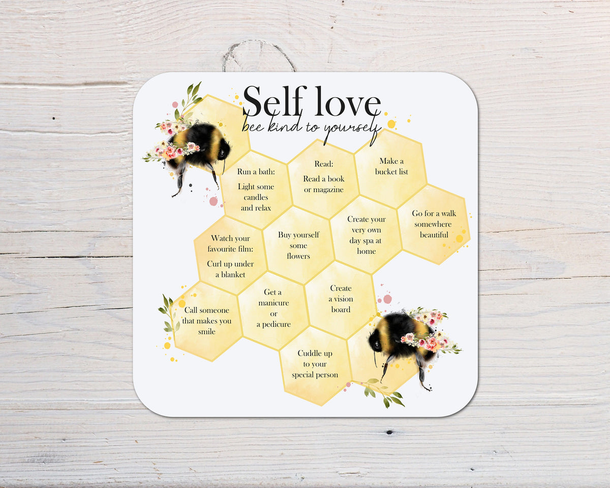 Bee Honeycomb Self Love Motivational Coaster Gift: personalised with any wording