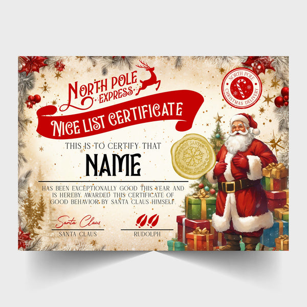 Christmas Nice List Certificate from Santa Claus, Father Christmas - Personalised - choice of designs, Snowman, Penguin, Santa, Bear, etc