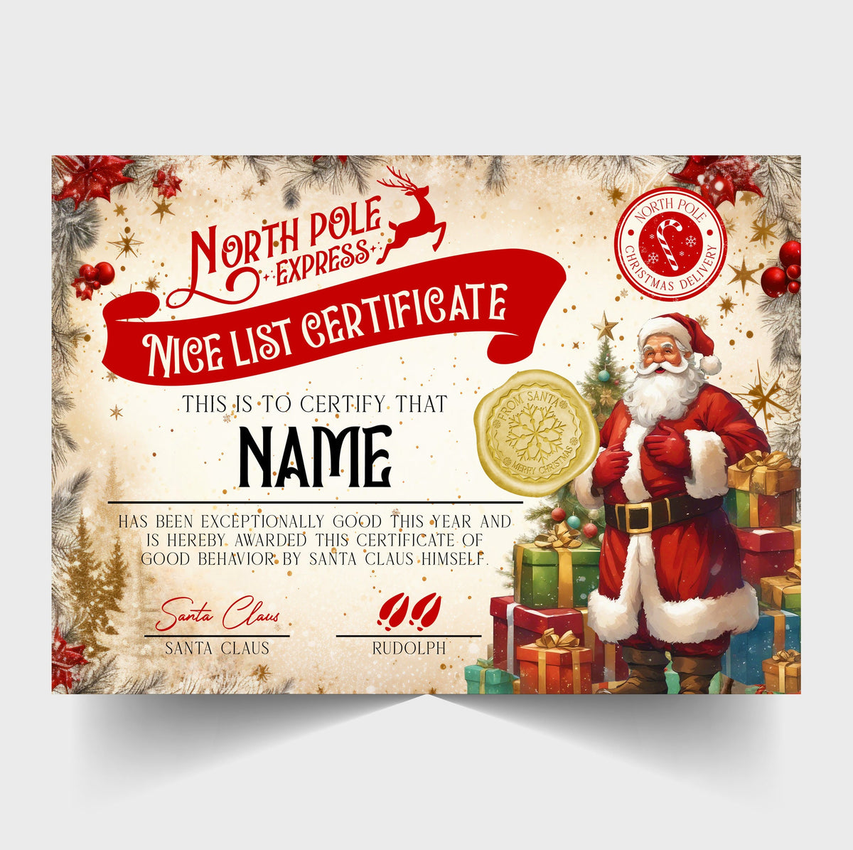 Christmas Nice List Certificate from Santa Claus, Father Christmas - Personalised - choice of designs, Snowman, Penguin, Santa, Bear, etc