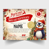 Christmas Nice List Certificate from Santa Claus, Father Christmas - Personalised - choice of designs, Snowman, Penguin, Santa, Bear, etc