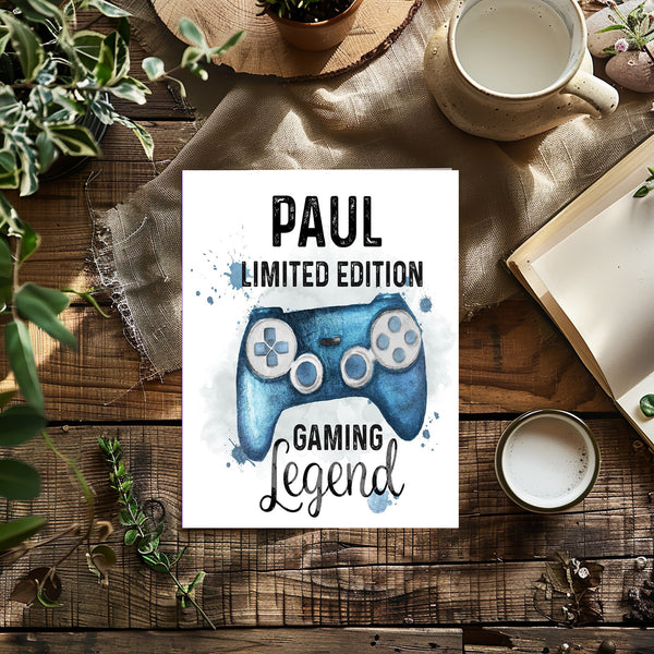 Limited Edition Gaming Legend Personalised A4 Print on 260gsm Glossy Card - Blue Controller - Great Wall Art Gift for Gamers, Bedroom, Study