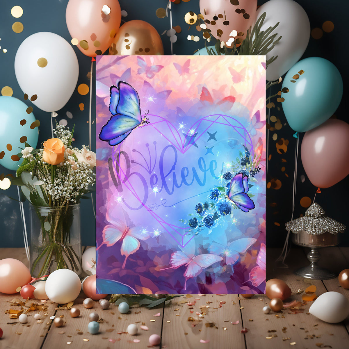 Butterfly Believe Personalised Glossy A5 Greetings Card, Floral, Magical, Blank Inside