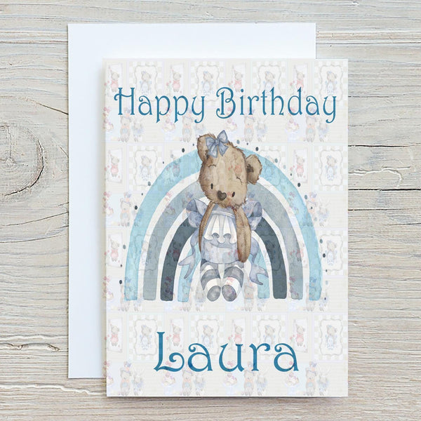 Alice Bear, Blue A5 Glossy Personalised Greetings Card, Cute Bear, Personalised, Birthday, Thank You, Birthday Card
