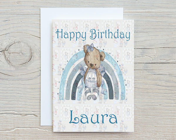 Alice Bear, Blue A5 Glossy Personalised Greetings Card, Cute Bear, Personalised, Birthday, Thank You, Birthday Card