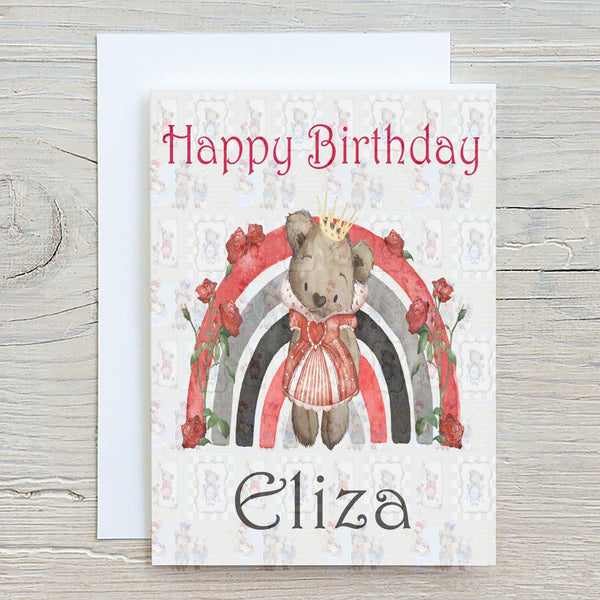 Alice Bear, Red A5 Glossy Personalised Greetings Card, Cute Bear, Personalised, Birthday, Thank You, Birthday Card