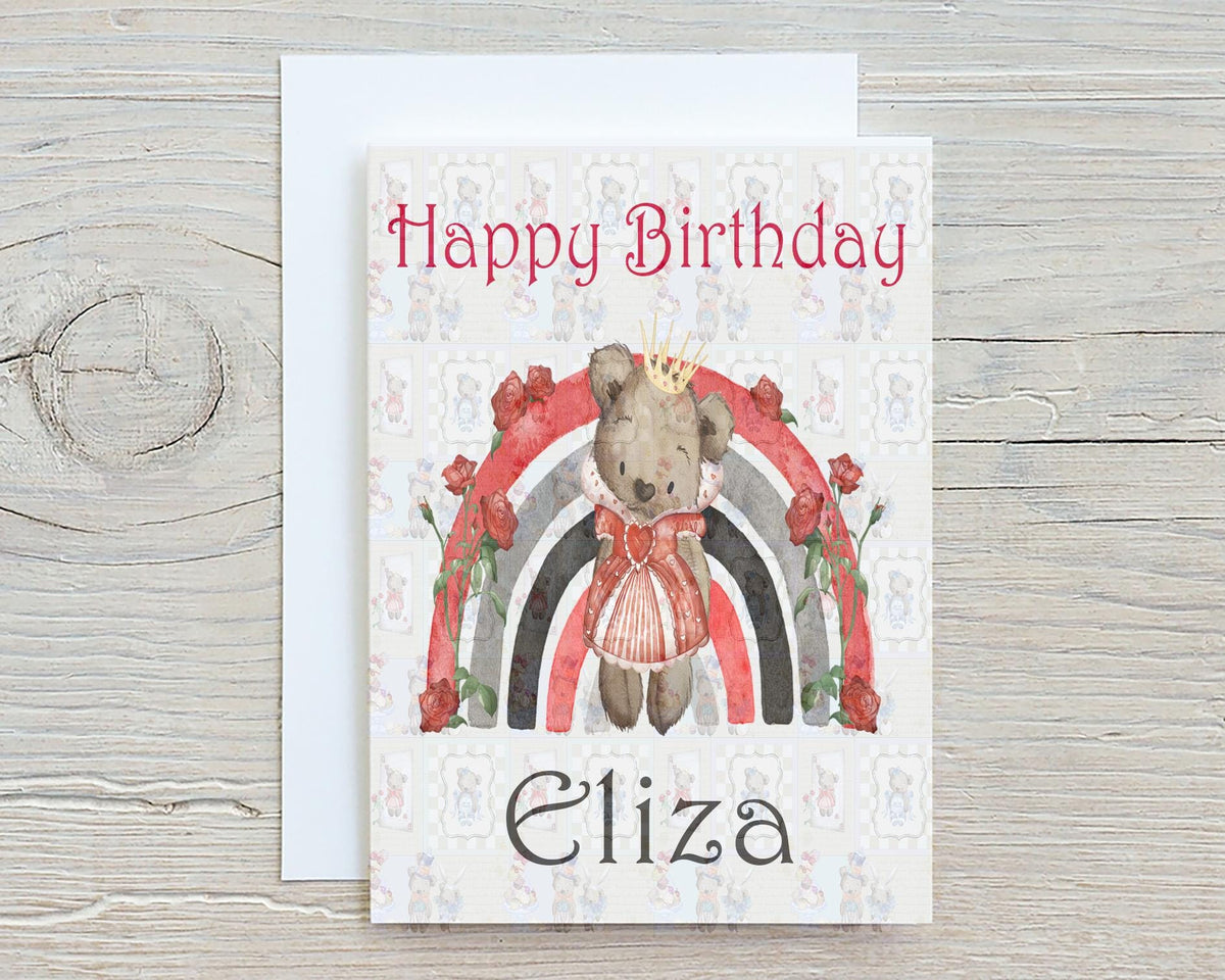 Alice Bear, Red A5 Glossy Personalised Greetings Card, Cute Bear, Personalised, Birthday, Thank You, Birthday Card
