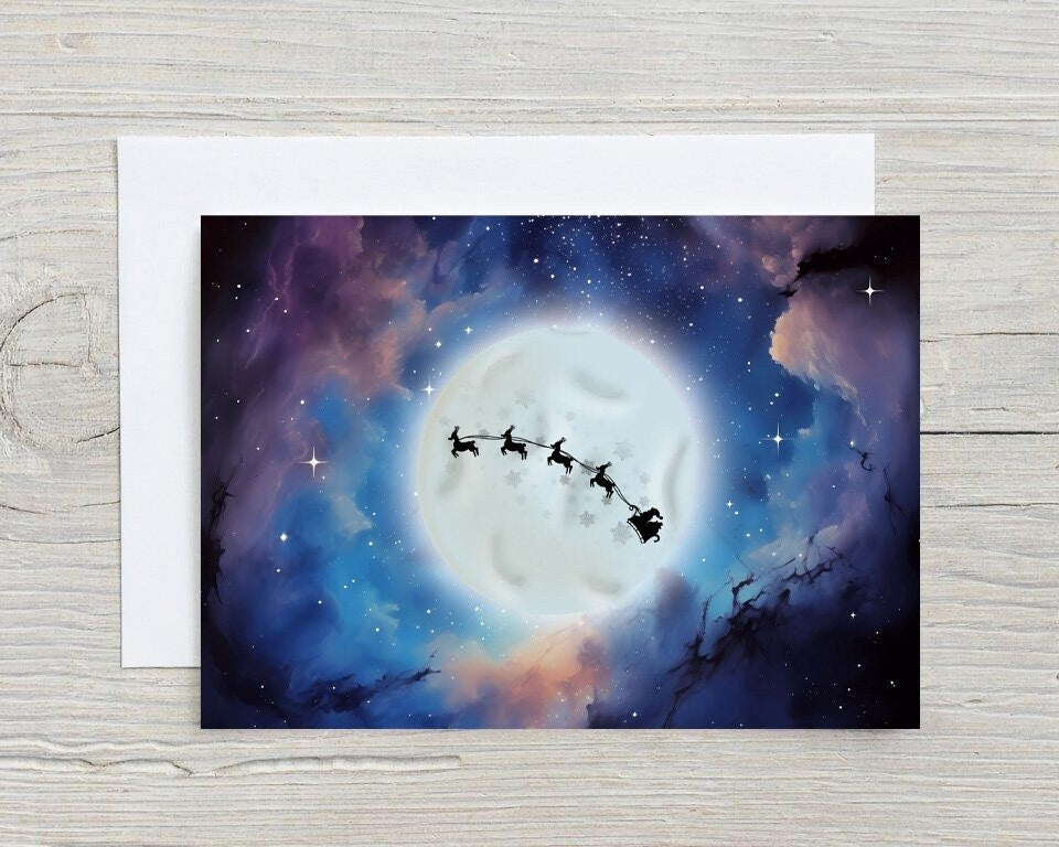 Space card with Santa and his Reindeers going past the moon