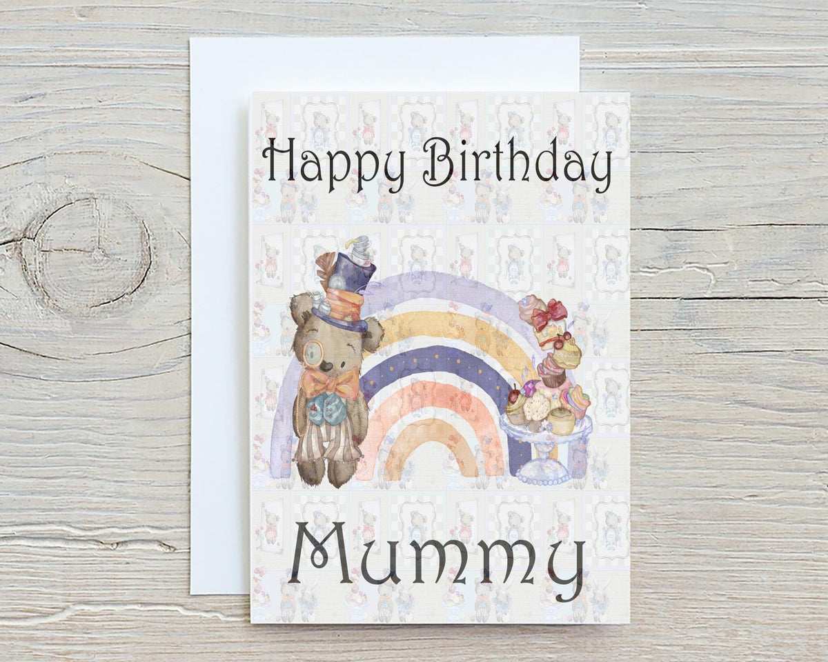 Bear with Afternoon Tea A5 Glossy Personalised Greetings Card, Bear, Cream Cakes, High Tea, Thank You