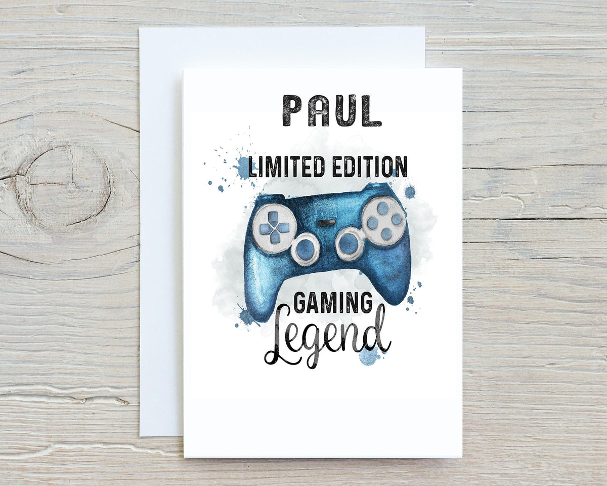 Blue Gaming Legend Personalised A5 Glossy Greetings Card, for Gamers, Birthdays, Get Well Card for Gaming Fans, Console 2, any word on front