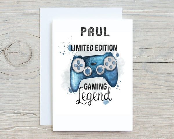 Blue Gaming Legend Personalised A5 Glossy Greetings Card, for Gamers, Birthdays, Get Well Card for Gaming Fans, Console 2, any word on front