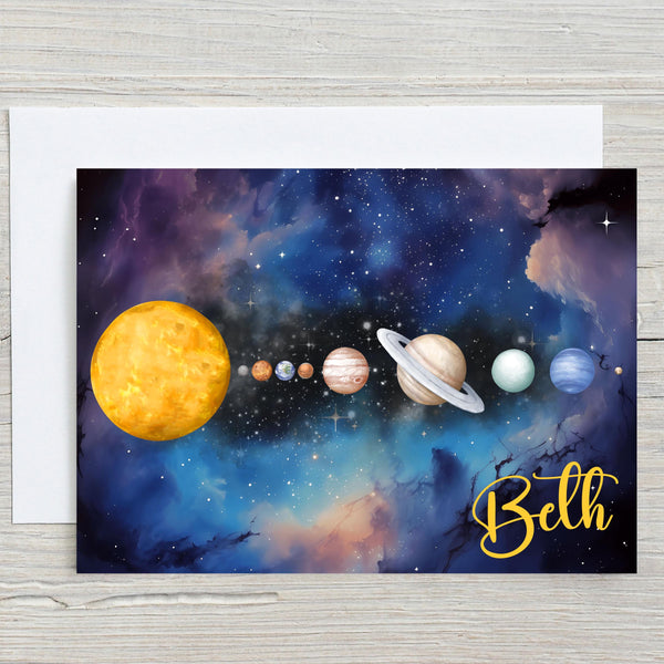 Space Greetings Card: Space Theme, Sun, Moon, Mars, Jupiter, can be personalised