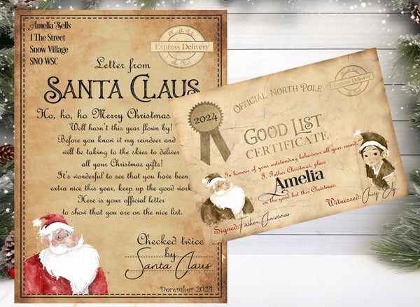 Christmas Letter from Santa Claus/Father Christmas + Good List Certificate Personalised Christmas