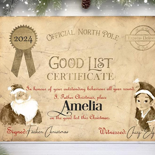 Christmas Letter from Santa Claus/Father Christmas + Good List Certificate Personalised Christmas