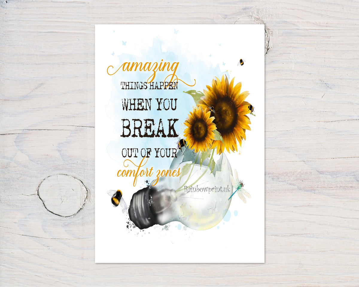 Amazing Things Sunflower Motivational A4 Wall Art Print - ideal Bedroom, Study, Office, Workplace Wall Print, Motivate, Ideal Gift Print