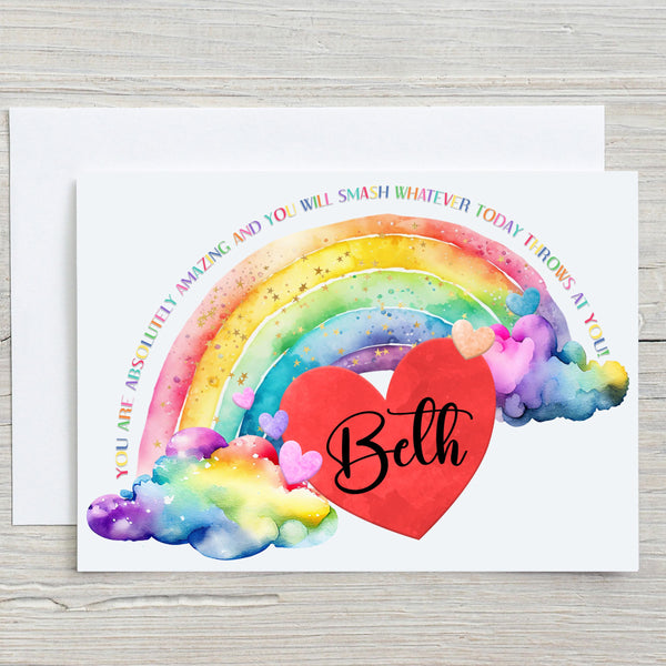Rainbow Heart You Are Absolutely Amazing Glossy A5 Personalised Greetings Card, Birthday, Motivational, Birthday, Thank You, name in heart