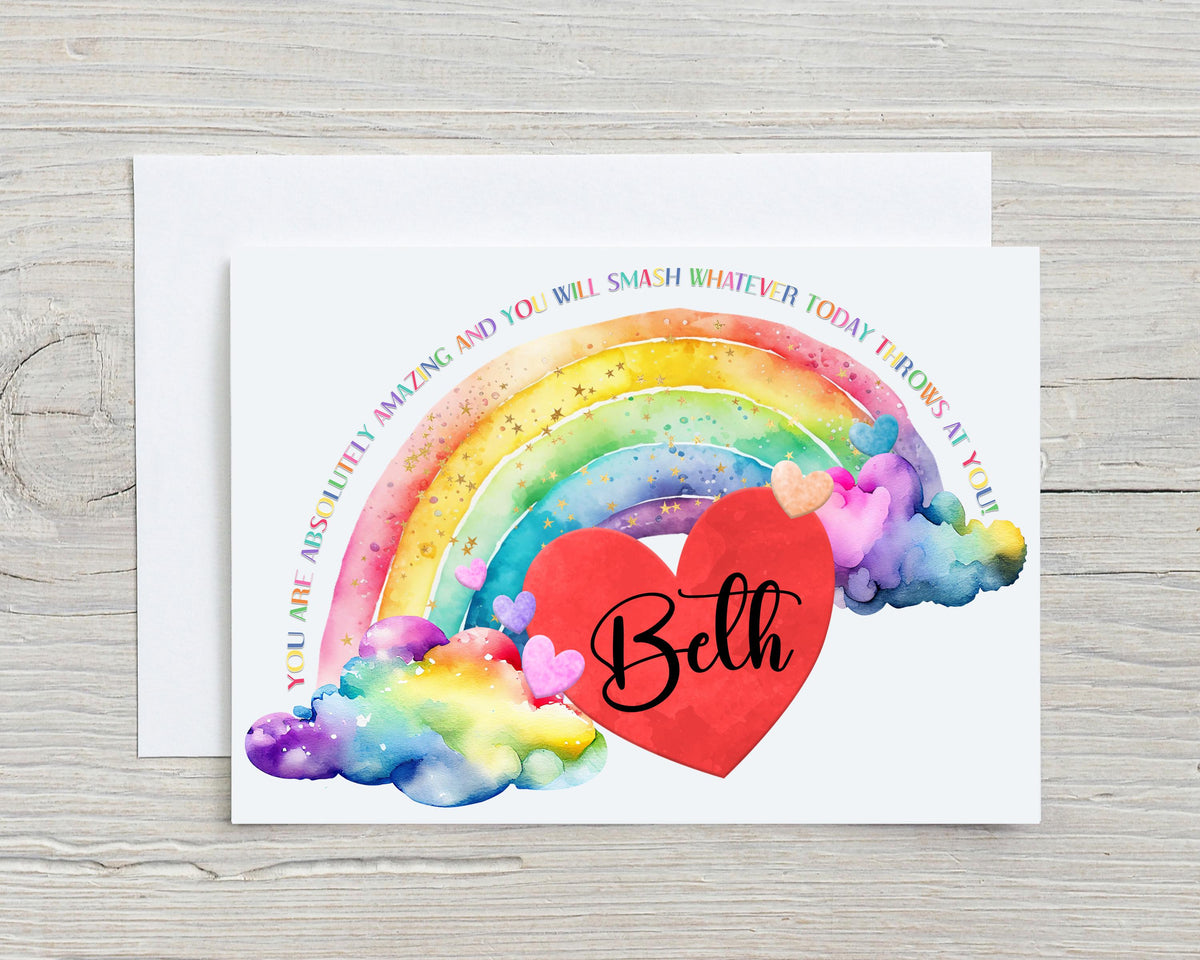 Rainbow Heart You Are Absolutely Amazing Glossy A5 Personalised Greetings Card, Birthday, Motivational, Birthday, Thank You, name in heart