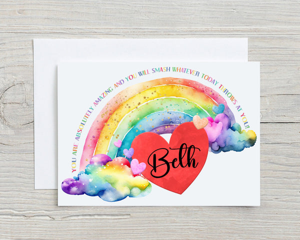 Rainbow Heart You Are Absolutely Amazing Glossy A5 Personalised Greetings Card, Birthday, Motivational, Birthday, Thank You, name in heart