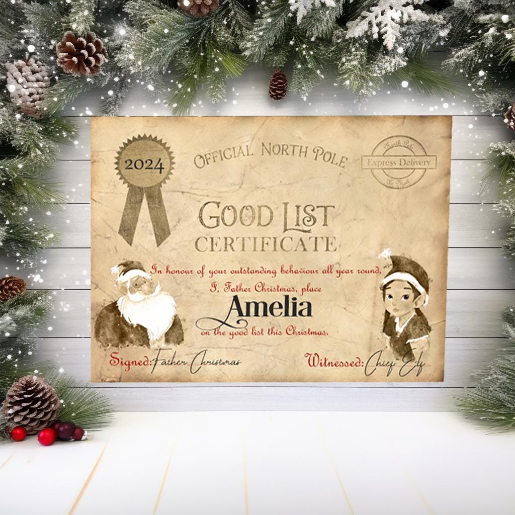 You're On the Good List Certificate from Santa Claus/Father Christmas - Personalised - A4 Keepsake - Make Christmas Magic for the Children