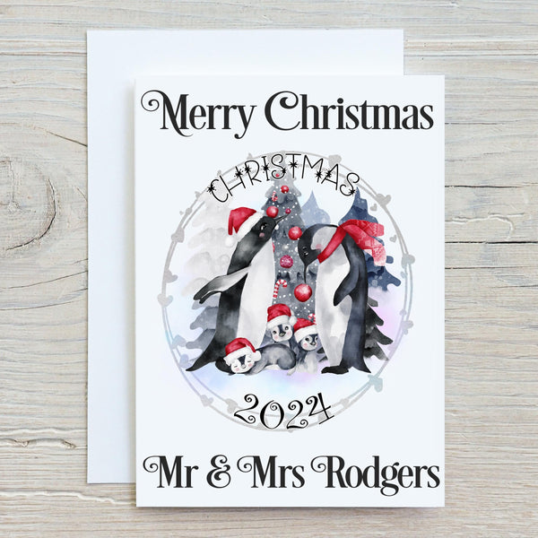 Penguin Family Christmas Card - personalised unique card, A5 with envelope, Xmas Greetings
