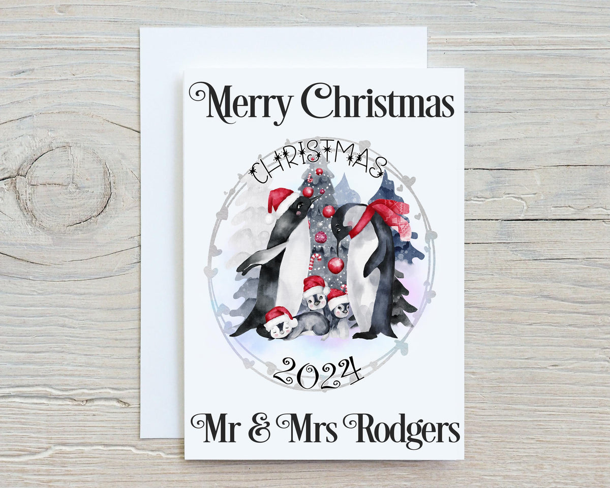 Penguin Family Christmas Card - personalised unique card, A5 with envelope, Xmas Greetings