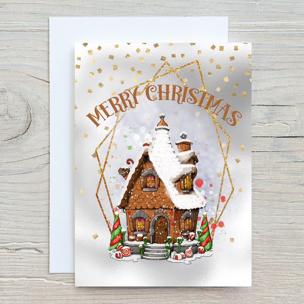 Christmas Gingerbread Snowy House Personalised Glossy A5 Greetings Card