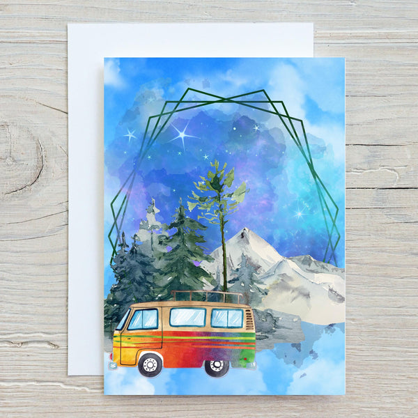 Camper Van Snowy Mountains, Personalised Glossy A5 Greetings Card, Camping Fans Card