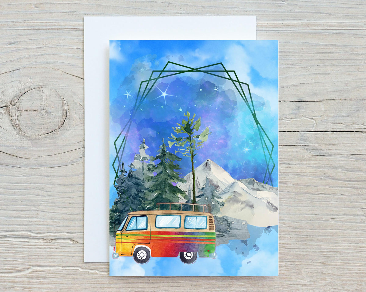 Camper Van Snowy Mountains, Personalised Glossy A5 Greetings Card, Camping Fans Card
