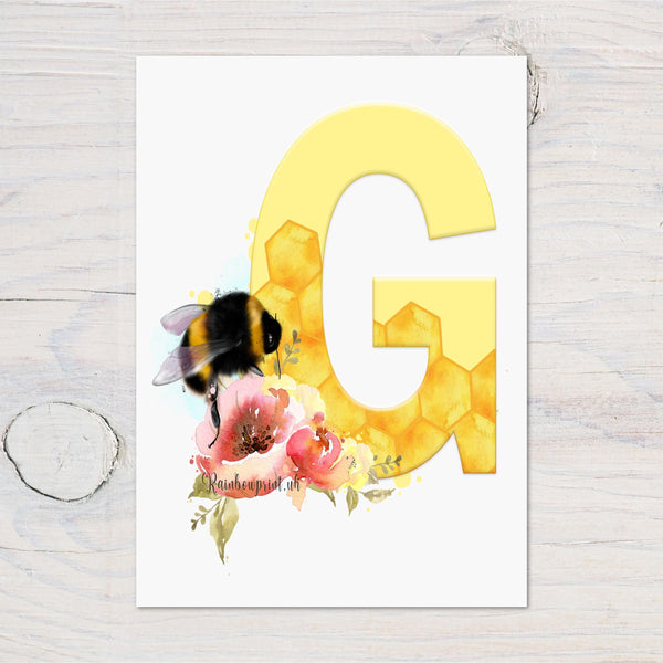 Bee A4 Wall Print with Initial, Beautiful Floral Design, Wall Art, Personalised, ideal gift