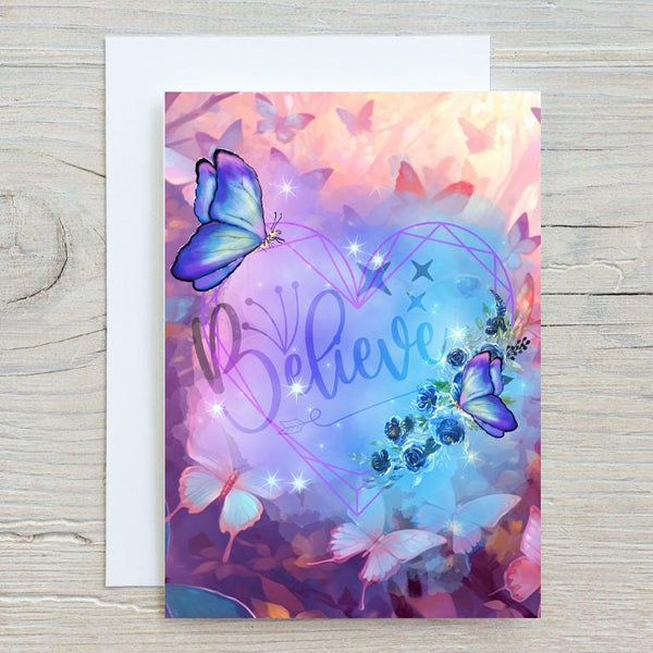 Butterfly Believe Personalised Glossy A5 Greetings Card, Floral, Magical, Blank Inside