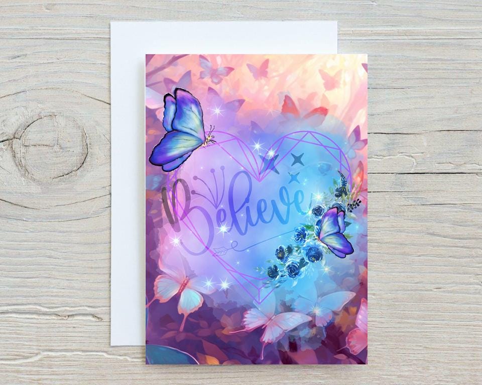 Butterfly Believe Personalised Glossy A5 Greetings Card, Floral, Magical, Blank Inside