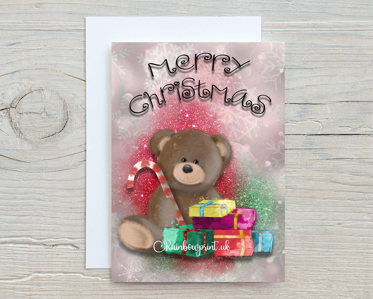 Bear Christmas, Personalised Glossy A5 Greetings with Candy Stick and Gifts, any name on the front