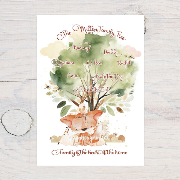 Cute Fox Family Tree - Fox Themed Personalised A4 Print - your family members, pets on a beautiful glossy 260gsm Wall Art Print ideal Gift