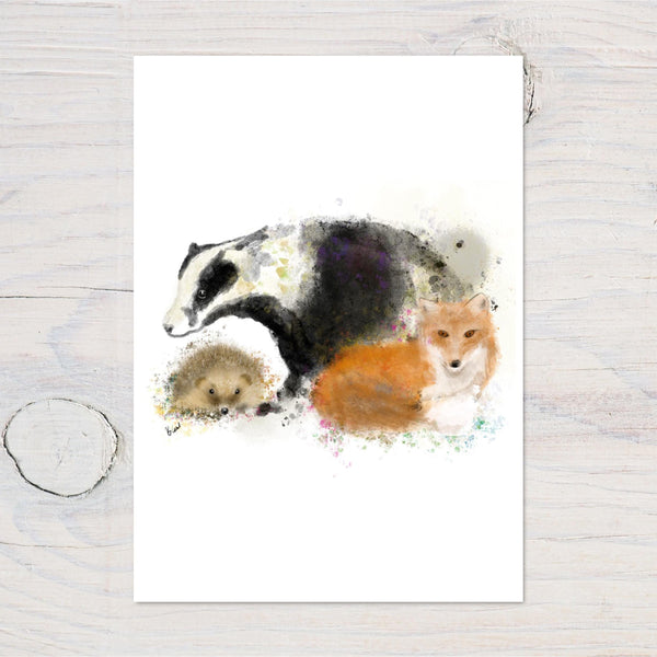 Wildlife Badger Fox Hedgehog Hand Drawn by us A4 Print on 260gsm Glossy Photographic Art Card, lovely gift