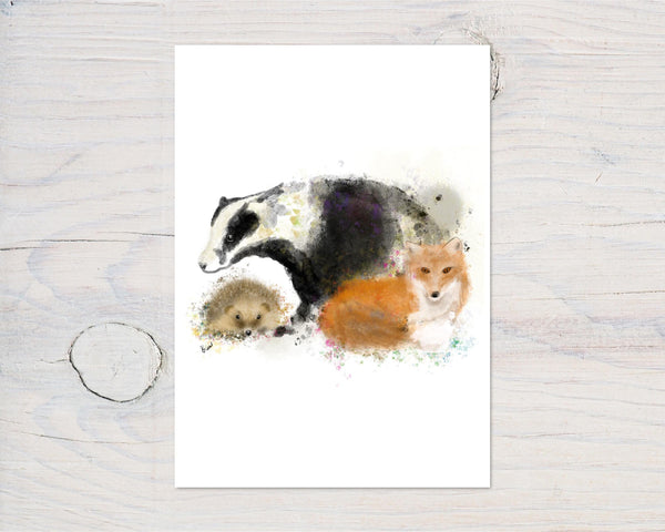 Wildlife Badger Fox Hedgehog Hand Drawn by us A4 Print on 260gsm Glossy Photographic Art Card, lovely gift