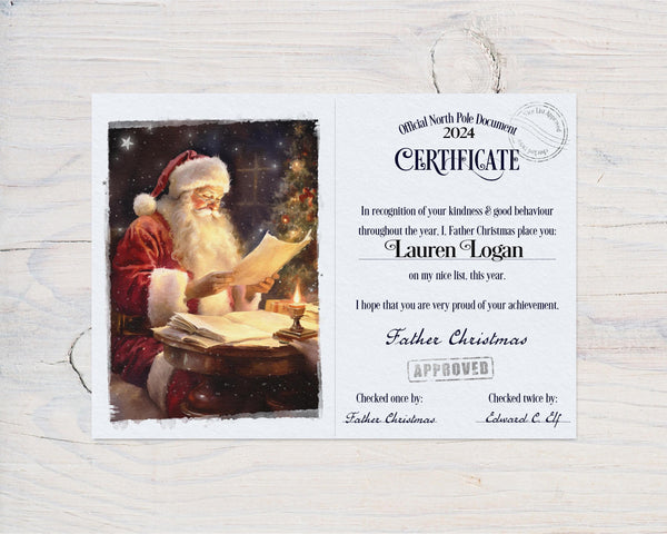 Christmas Nice List Certificate from Santa Claus, Father Christmas - Personalised 2025 Certificate