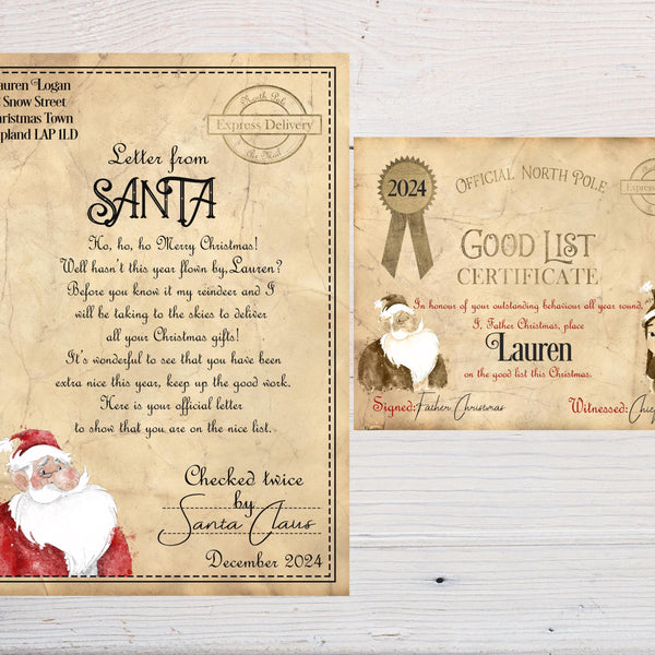 Christmas Letter from Santa Claus/Father Christmas + Good List Certificate Personalised Christmas