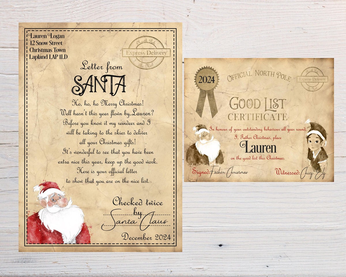 Christmas Letter from Santa Claus/Father Christmas + Good List Certificate Personalised Christmas