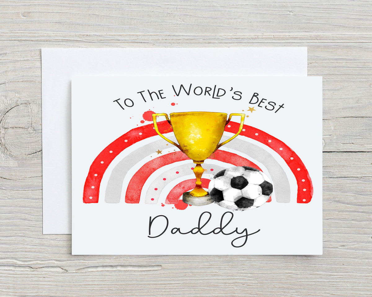 World's Best Daddy Football Reds and Grey Glossy A5 Personalised Greetings Card, Birthday, Father's Day, Love your Dad