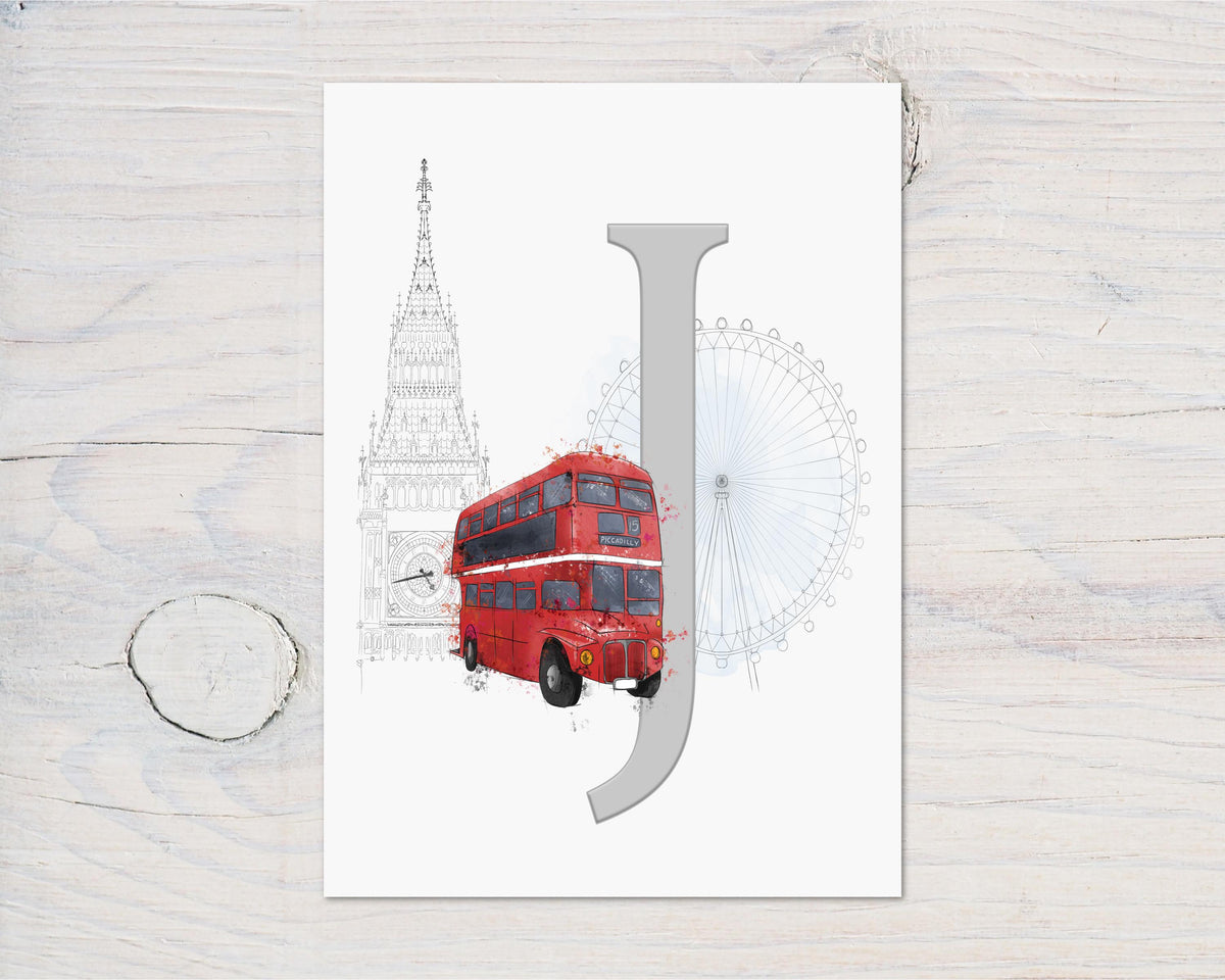 London Bus Glossy A4 Initial Personalised Wall Print, ideal for Bus Fans, Bedroom Walls, Wall Art, London