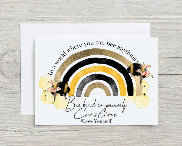 Bee Kind Rainbow Greetings Card: Personalised on the front if required