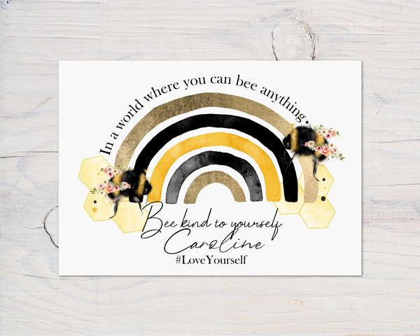 Bee Kind Motivational Bee Rainbow A4 Wall Print - ideal for Bedrooms, Office, Study, Workplace, Motivate and Bee Kind, can be personalised